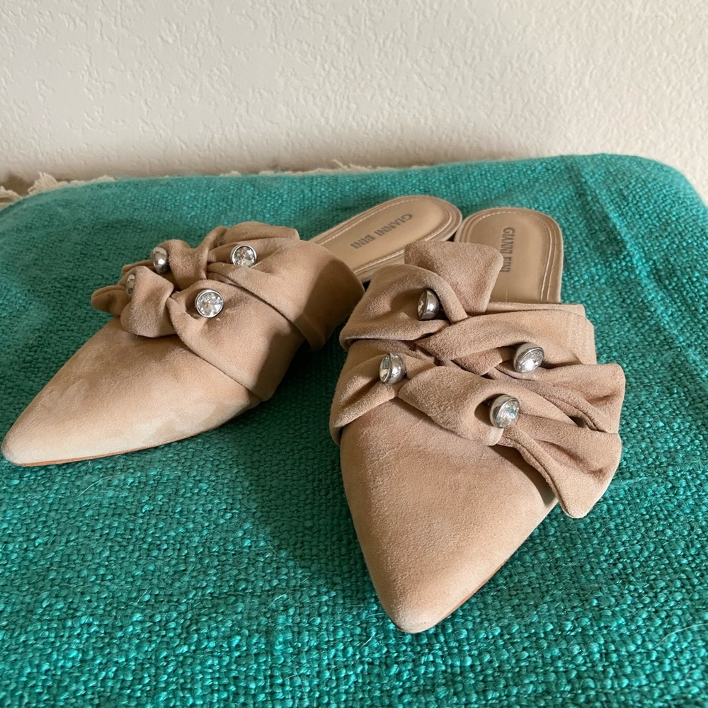 Gianni Bini Tan Slip-On Pointed Toe Flats with Bow and Gem Accents